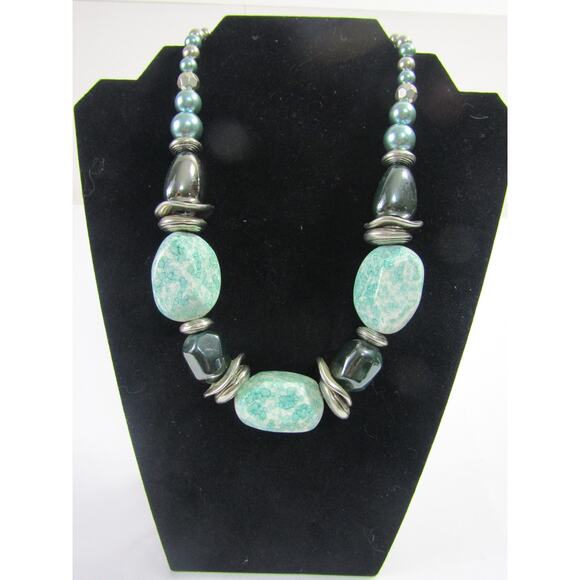 Green Silver Tone Chunky Agate Stone Collar Necklace VTG 12" Whimsical Choker - Picture 1 of 8